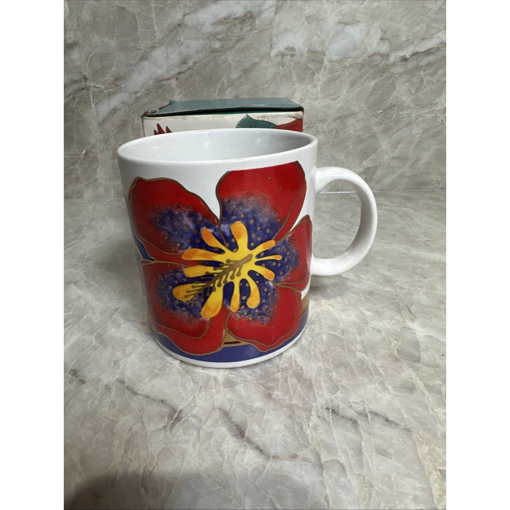 Vintage 80's Laurel Burch Wild Hibiscus Mug Floral Gold Trim Original Box